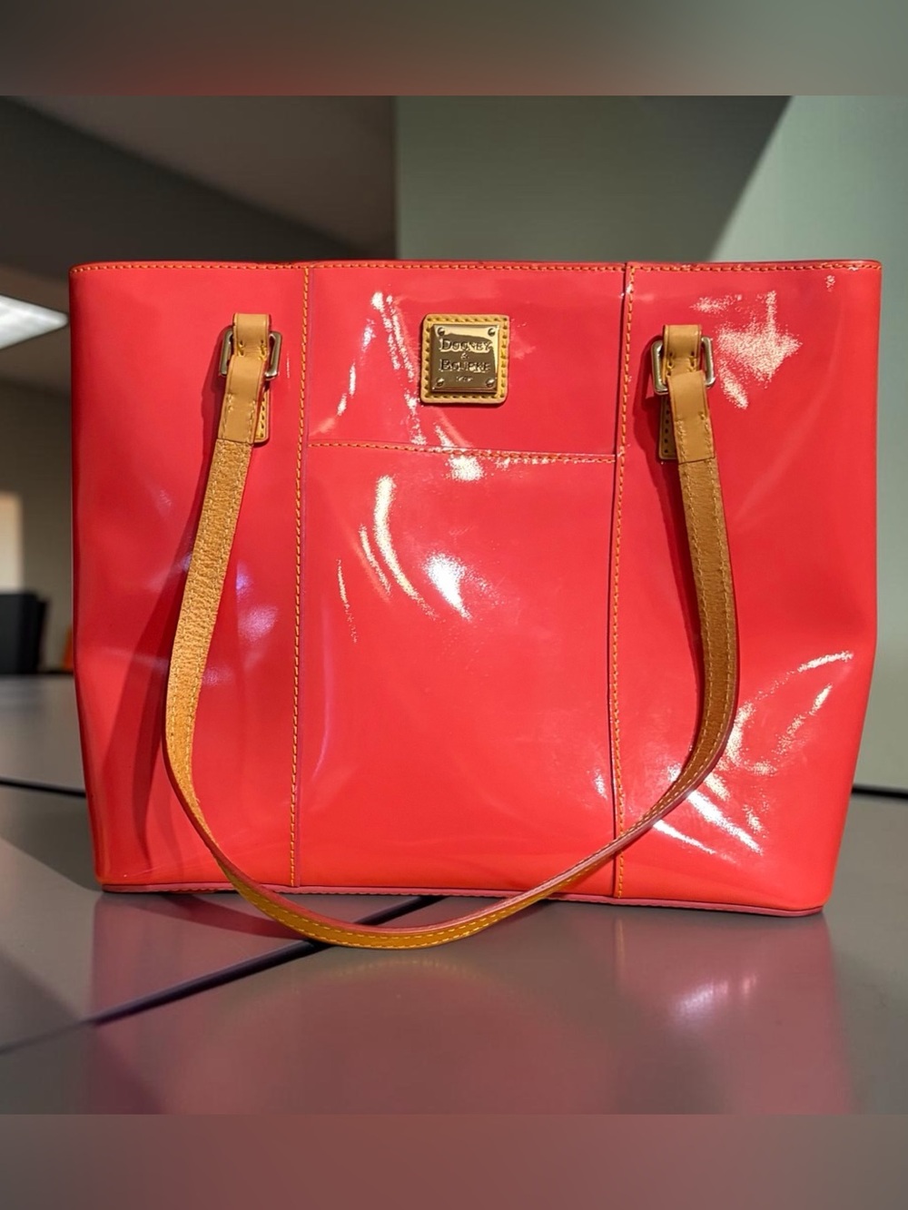 Dooney & Bourke Bubble Gum Patent Tote with Tan Leather Straps